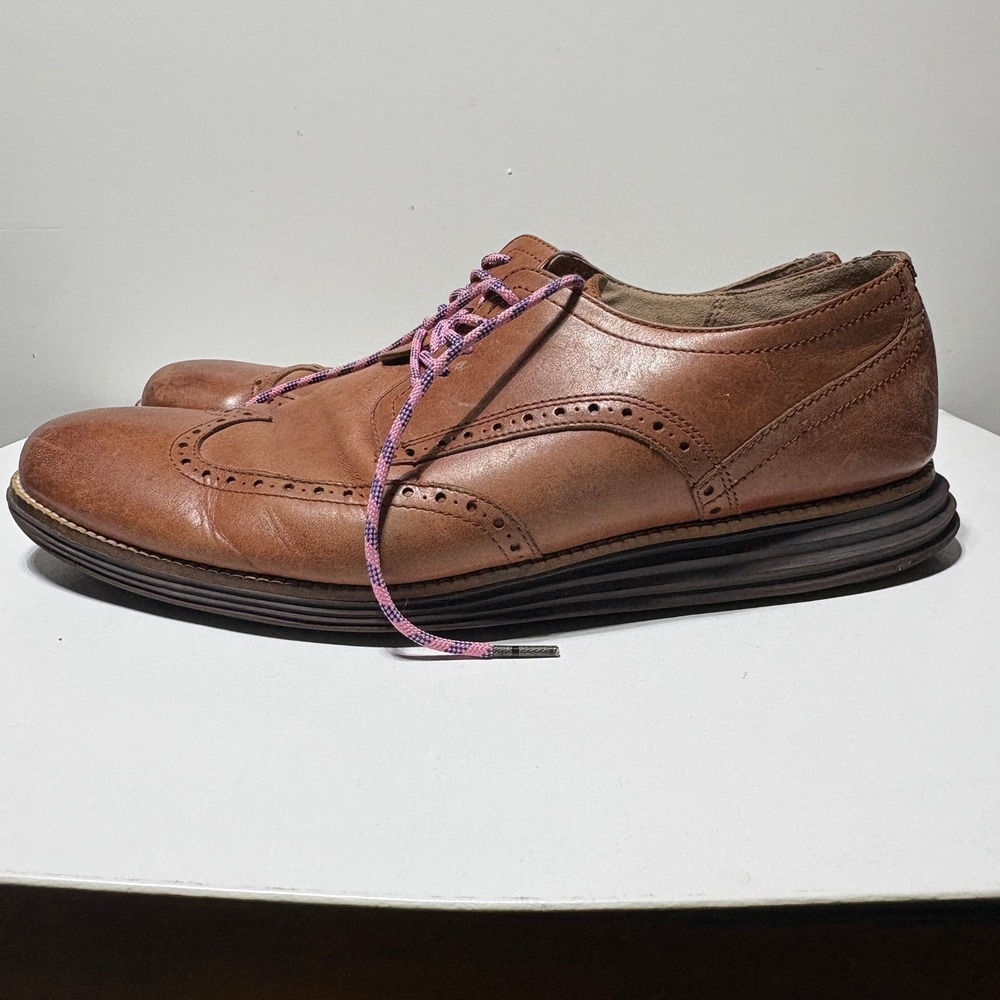 Cole Haan OriginalGrand Wingtip Oxford Mens Tan Leather Brogue Shoes Pink Laces